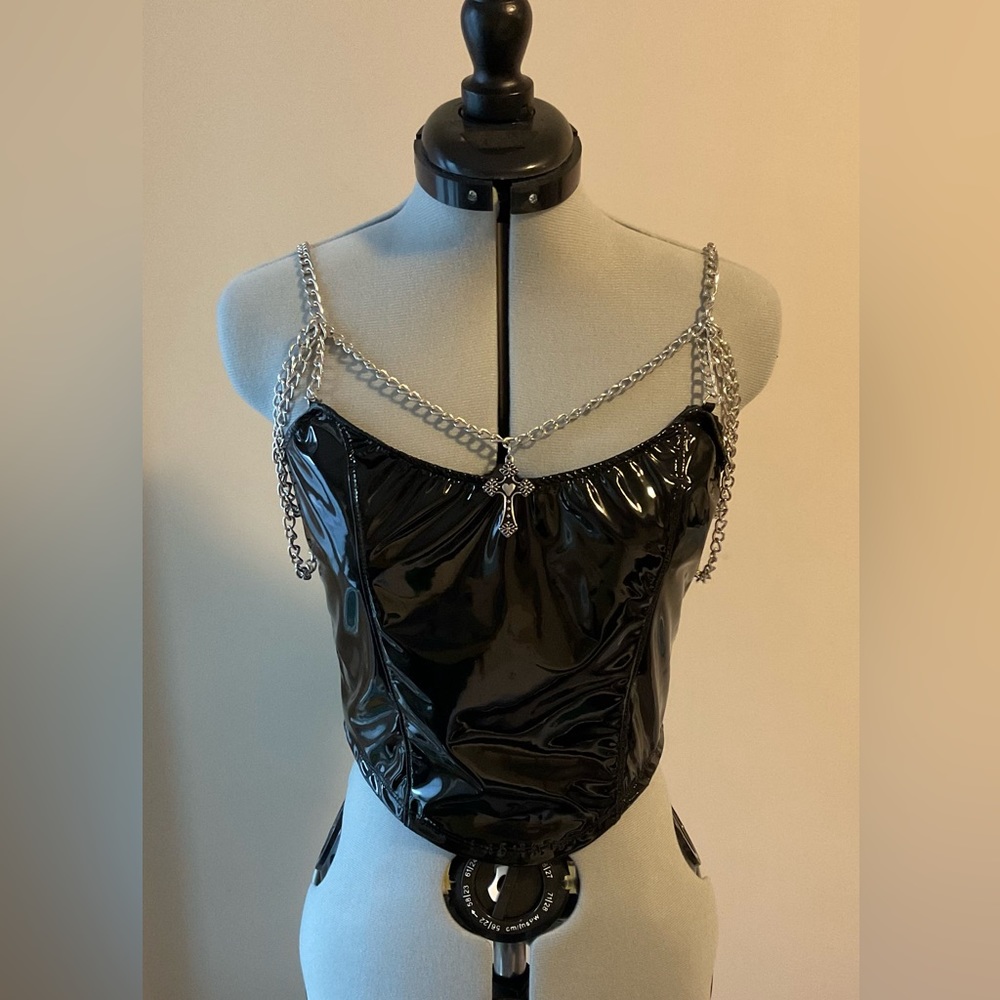 Dolls Kill Widow black vinyl chain crop top size xs